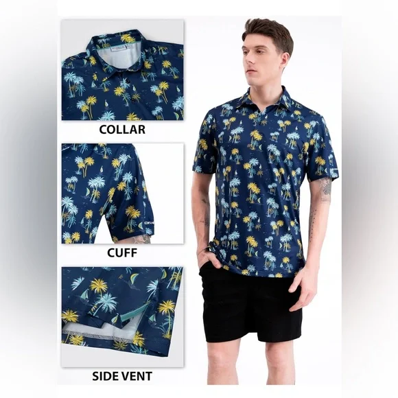 $3 💕5/$15 Navy Palm Tree Print Men's Golf Shirt, NEW - Picture 2 of 6